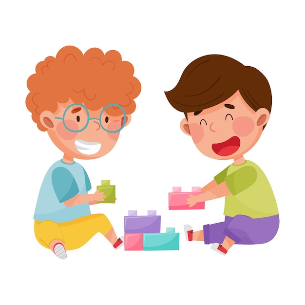 Friendly kids playing together with toy blocks and laughing vector illustration