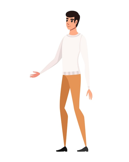 Friendly man extends his hand in greeting cartoon character design flat vector illustration