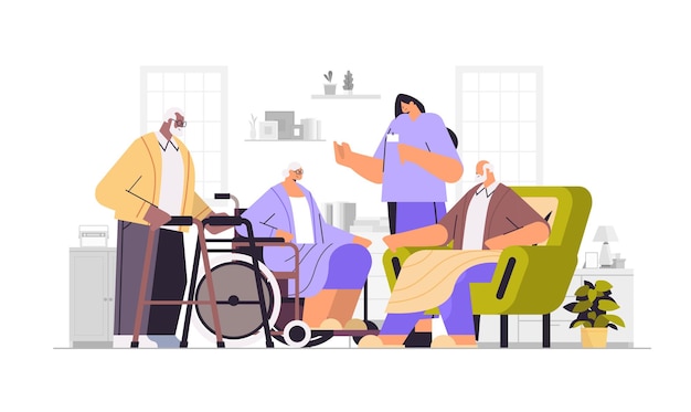 friendly nurse or volunteer supporting aged mix race people home care services healthcare horizontal full length vector illustration