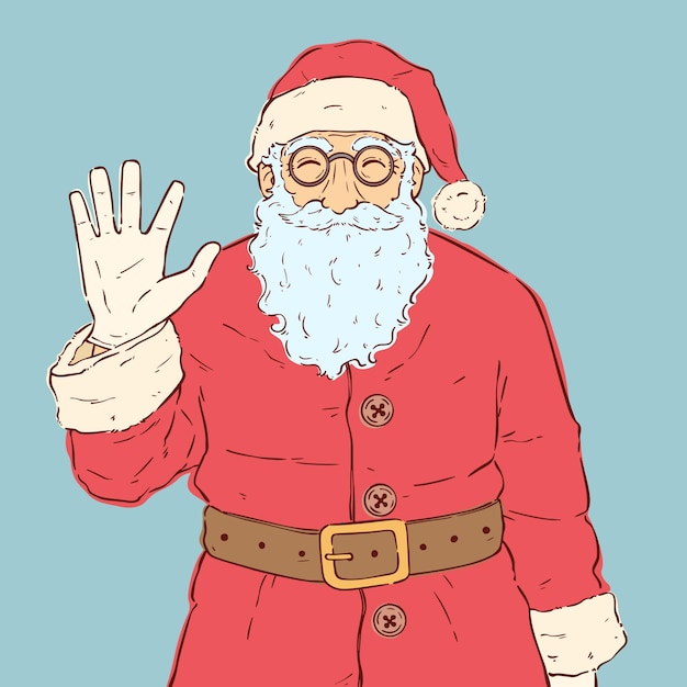 friendly santa waving hand with colored hand drawing style