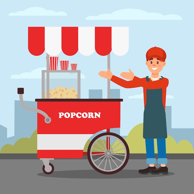 Friendly seller standing near popcorn cart. Street food trolley.  Flat   design