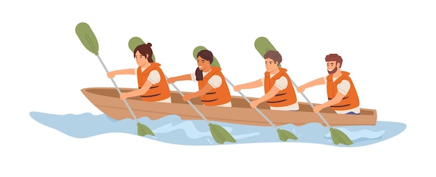 Friendly team rowing in boat together. Concept of effective collaboration and organized teamwork. Good relationship between colleagues. Colored flat vector illustration isolated on white background.