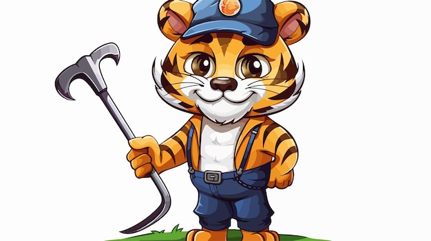 Friendly Tiger Cartoon Mascot Gardener Farmer Handyman Character