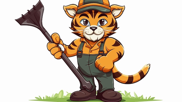 Friendly Tiger Cartoon Mascot Gardener Farmer Handyman Character