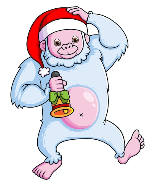 Friendly Yeti wearing Santa hat and ringing on a bell