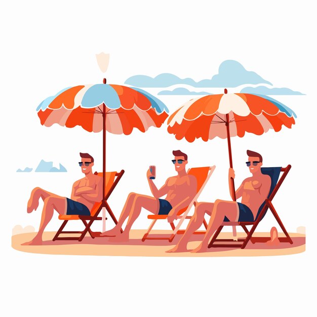 Vector friends in beachwear relaxing on summer sand