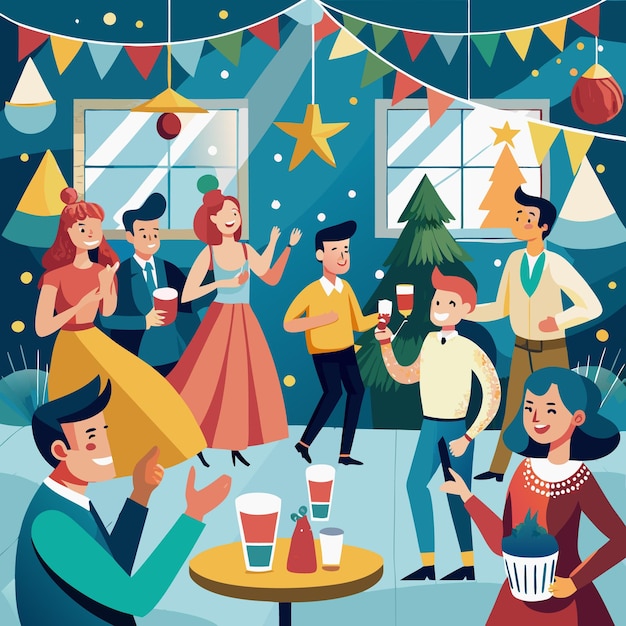 Friends Celebrate Christmas Party with Drinks and Festive Decorations