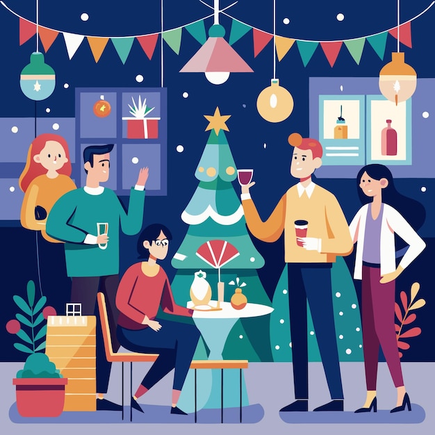 Vector friends celebrate festive gathering around christmas tree with drinks