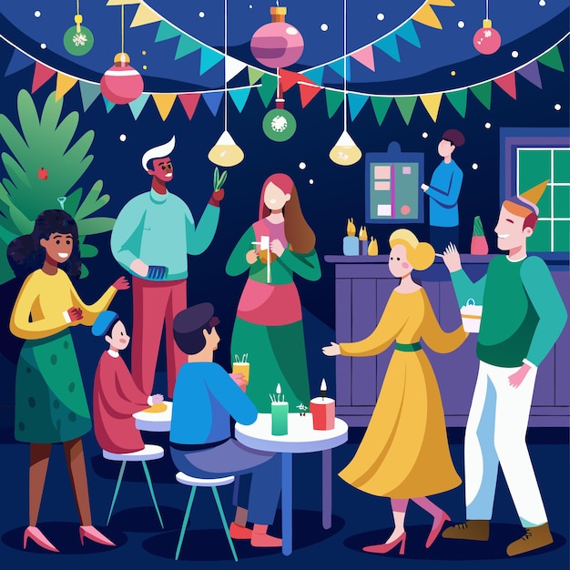 Vector friends celebrate together at a fun party with festive decorations