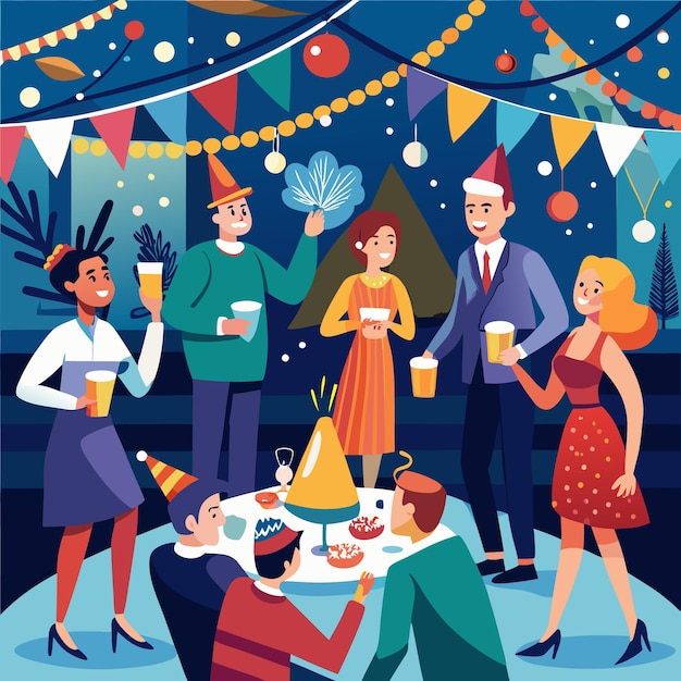 Vector friends celebrate together at a party with drinks and festive decorations