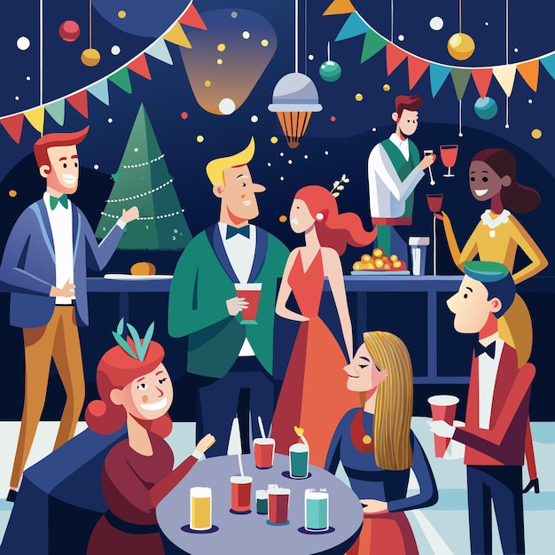 Vector friends celebrate with drinks and festive decorations at a holiday party