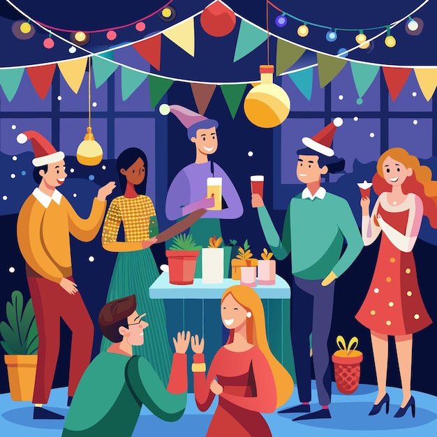 Vector friends celebrate with festive decorations and drinks at a party