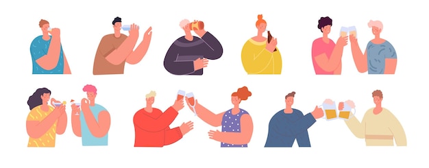 Friends clinking glasses People holding drink cheers beer or wine glass Drinking party flat teens celebrate birthday utter vector characters