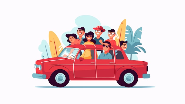 Vector friends enjoying a fun car trip together in a red vehicle