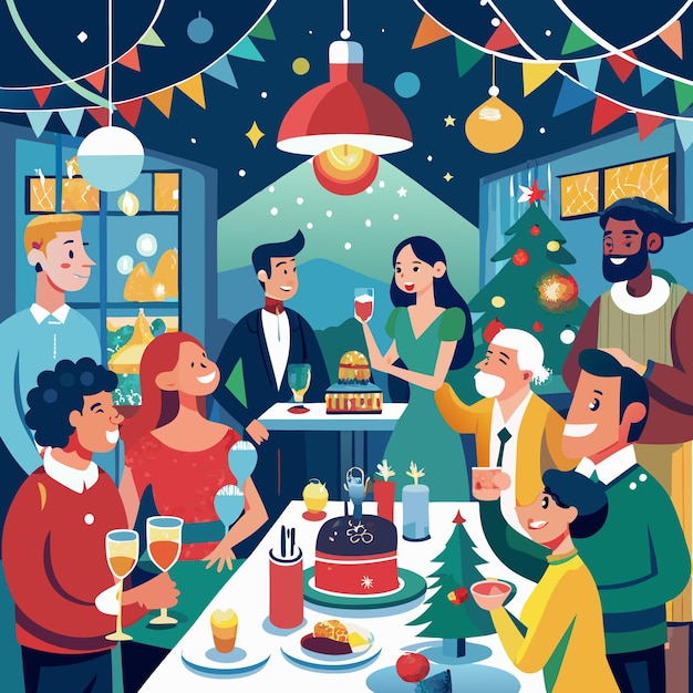 Vector friends gather for festive christmas dinner celebration with joyful cheer