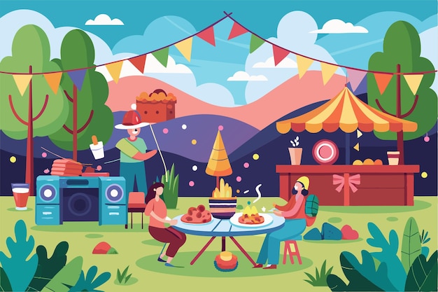 Vector friends gather for an outdoor party with delicious food music and festive decor in a lively setting outdoor party customizable disproportionate illustration