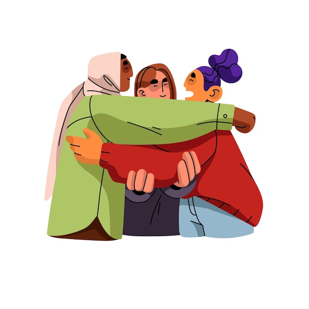 Friends gathering meeting hugging together Friendship support communication concept Modern happy young characters talking laughing Flat vector illustration isolated on white background