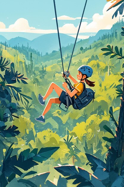 Vector friends going zip lining in the forest