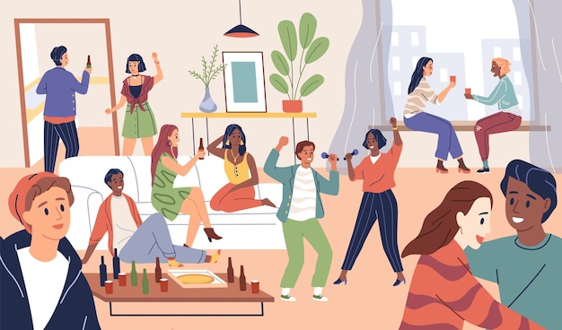 Friends group Party time in house happy young people home celebration Alcohol drinking karaoke and dancing youth hangout adult men and women funny company Vector modern cartoon style concept