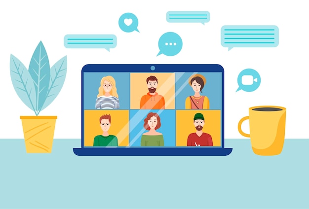 Friends joining online. Remote working or communication, training via video conference call. Web chatting. Workplace, laptop screen, group of people talking by internet. Video call concept.