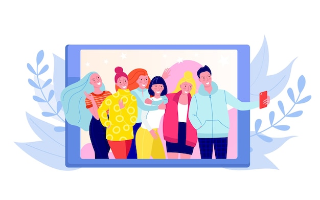 Friends making photo selfie foto shot of group of young happy people vector illustration Girls and boys posing taking photos