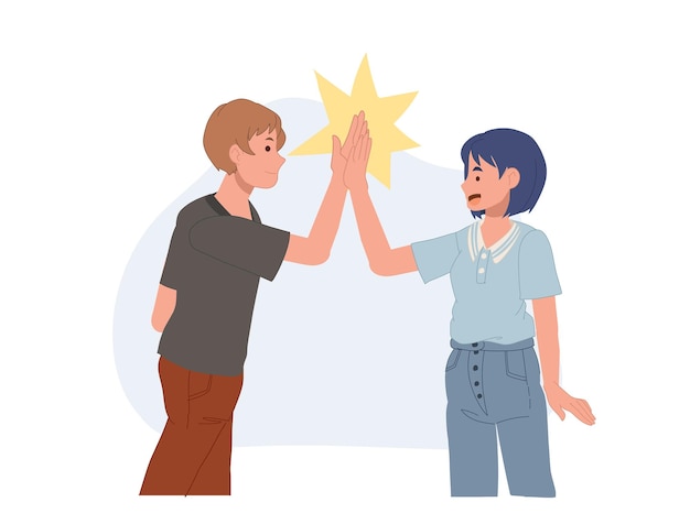 Friends meet and support each other by clapping their palms Giving Highfive to Each Other Cartoon People Vector Illustration