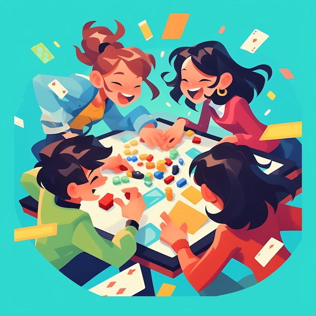 Vector friends playing board games at home