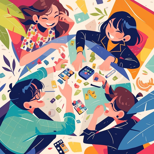 Vector friends playing board games at home