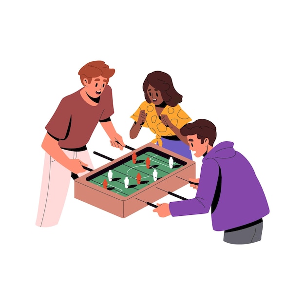 Friends playing soccer table game People players during foosball toy football Characters and fun leisure activity entertainment Colored flat vector illustration isolated on white background