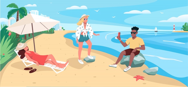 Friends relaxing at sandy beach flat color illustration