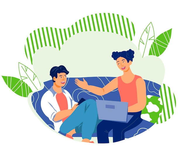 Friends or romantic couple chatting friendly flat vector illustration isolated