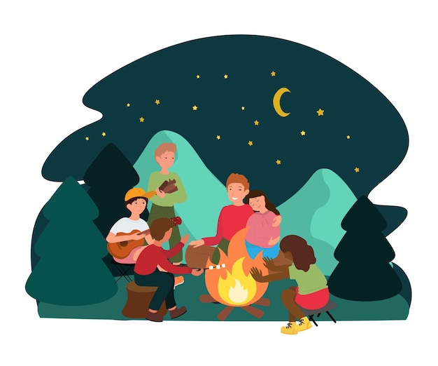 Friends sit by campfire flat vector illustration Young tourists campers cartoon characters Students playing guitar roast marshmallows Night camping entertainment isolated on white background