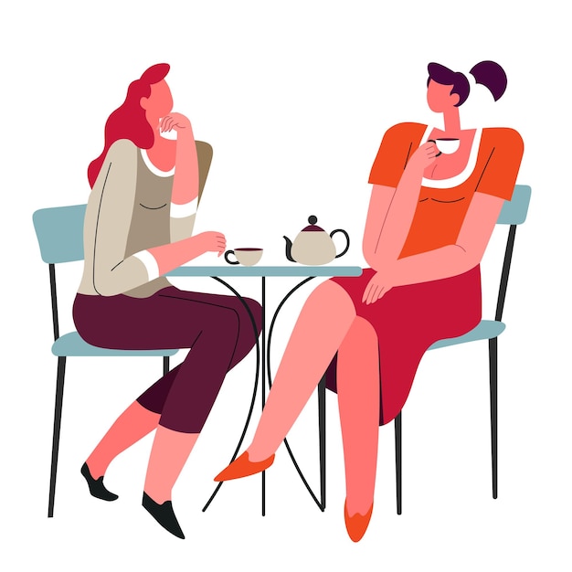 Friends sitting in cafe talking and drinking hot tea or coffee beverage. Female characters spending time together. Gathering or meeting of colleagues or sisters conversation. Vector in flat style