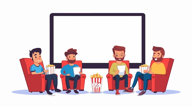 Vector friends watching movie in cinema social gathering and entertainment concept