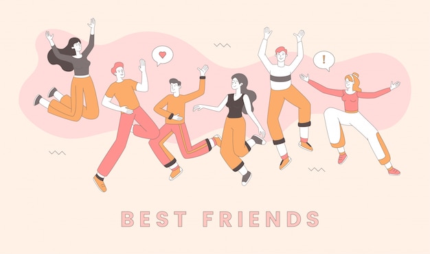 Friendship day celebration template. Best friends partying together, cheerful men and women cartoon characters. Joyful young adults in casual clothes having fun outline illustration