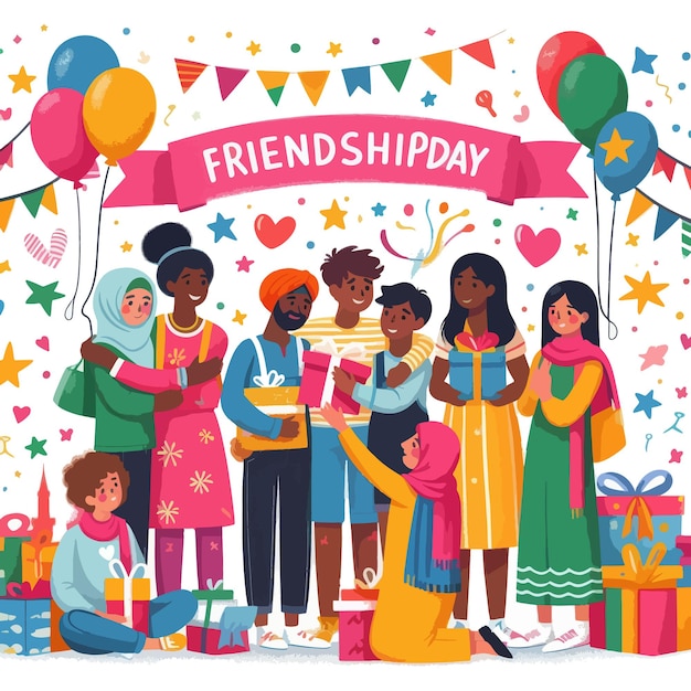 Friendship Day Clipart sublimation featuring friends of different cultures exchanging gifts vector