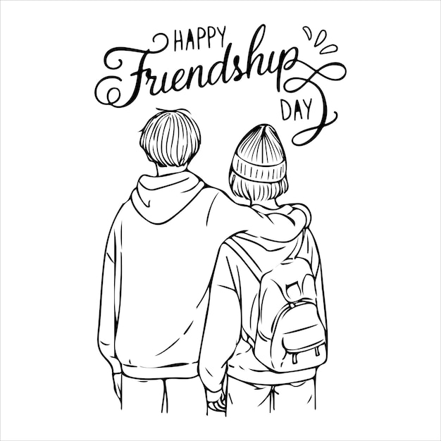 Vector friendship day line art vector with 2 friends silhouette minimalist design