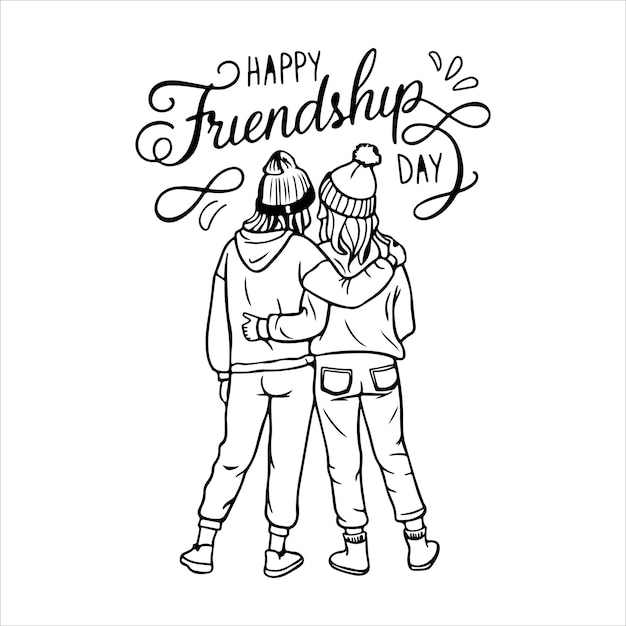 Vector friendship day line art vector with 2 friends silhouette minimalist design