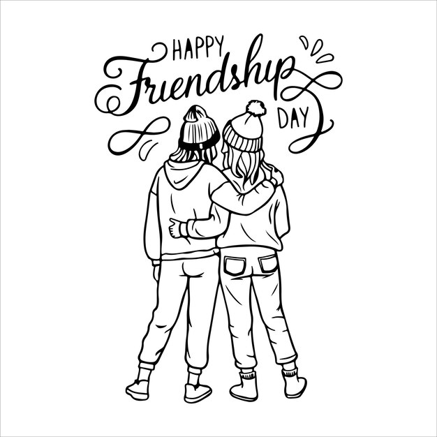 Vector friendship day line art vector with 2 friends silhouette minimalist design