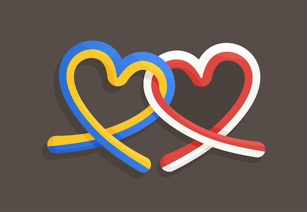 Friendship between Ukraine and Poland Vector illustration of heartshaped ribbons with flags