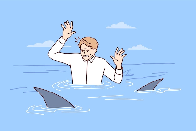 Frightened man in business shirt is in water with sharks and raises hands out of panic Vector image