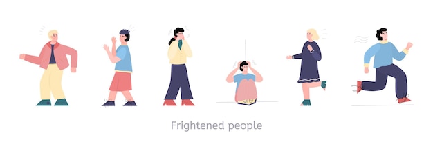 Frightened people acting variously in panic flat vector illustration isolated