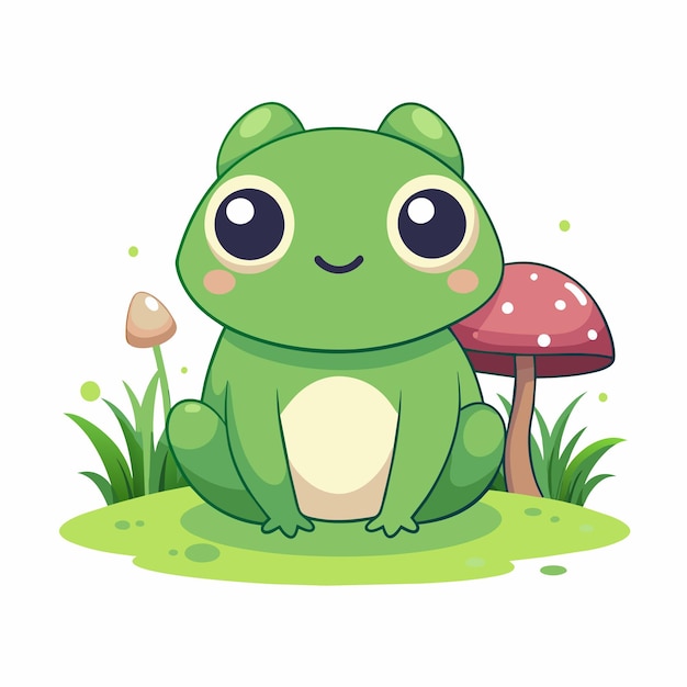 Vector frog cartoon sits under mushroom