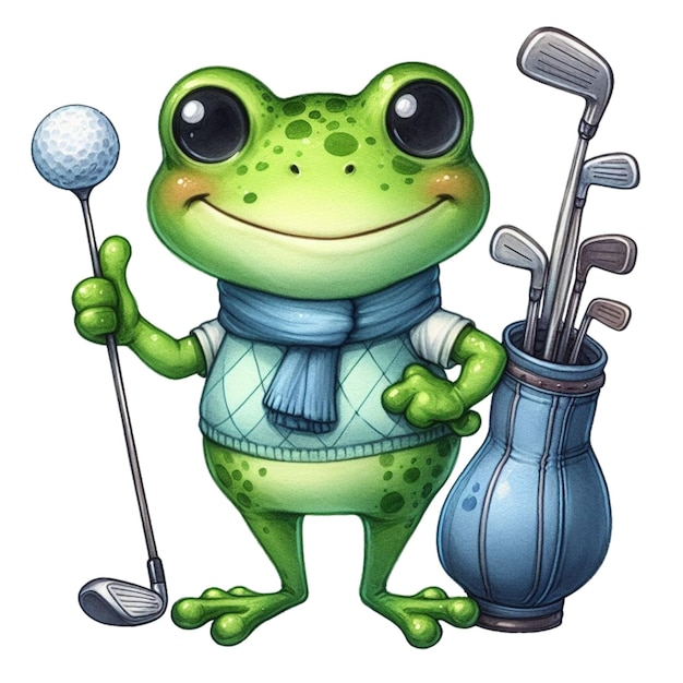 frog Cute holding a golf club clipart watercolor