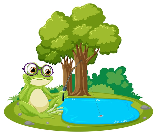 Vector frog fishing by the pond illustration