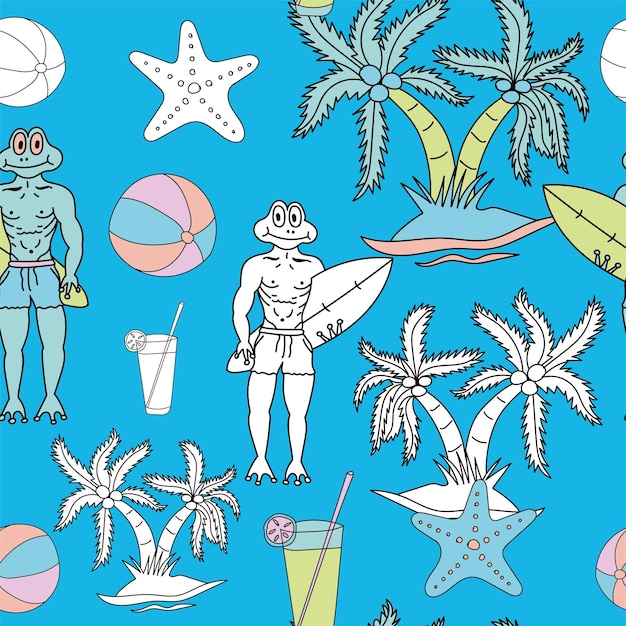 Frog head Frog man Surfing Coconut tree Sea fish Cool drinks Volleyball Seamless vector pattern design Blue background