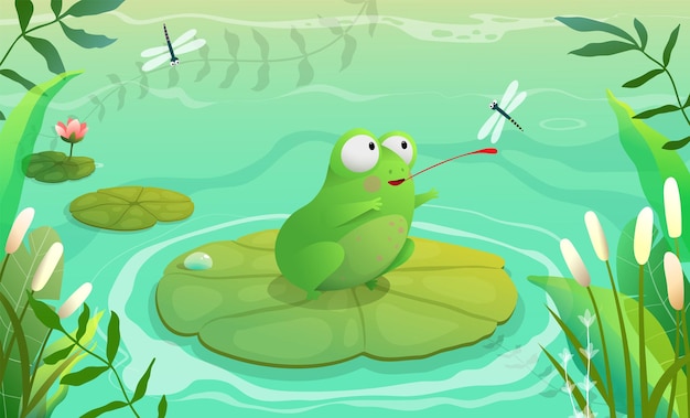 Frog hunting dragonfly on pond, swamp or lake scenery for kids. Background with waterlily grass and reeds. Vector background in watercolor style.