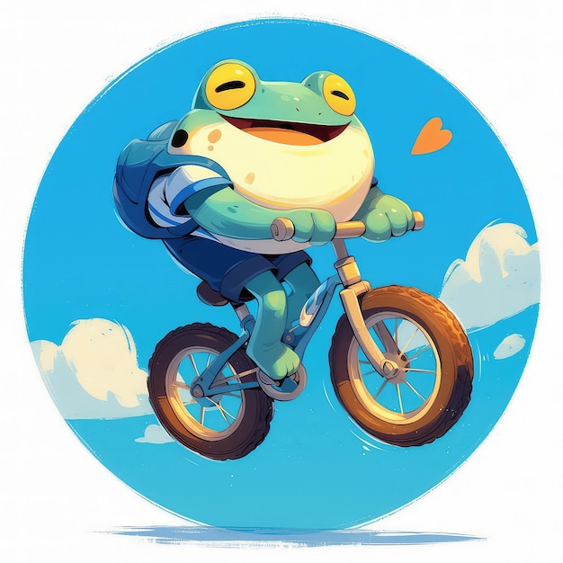 A frog is riding a unicycle cartoon style