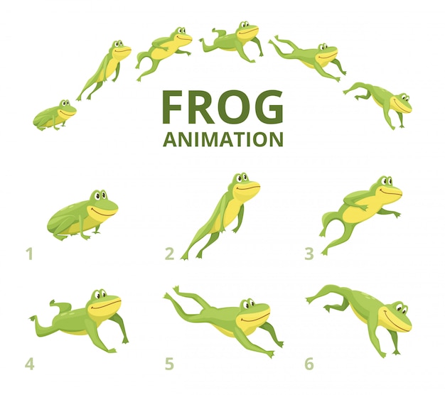 Frog jumping animation. Various keyframes for green animal