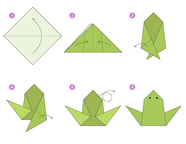 Frog origami scheme tutorial moving model. Origami for kids. Step by step how to make origami frog